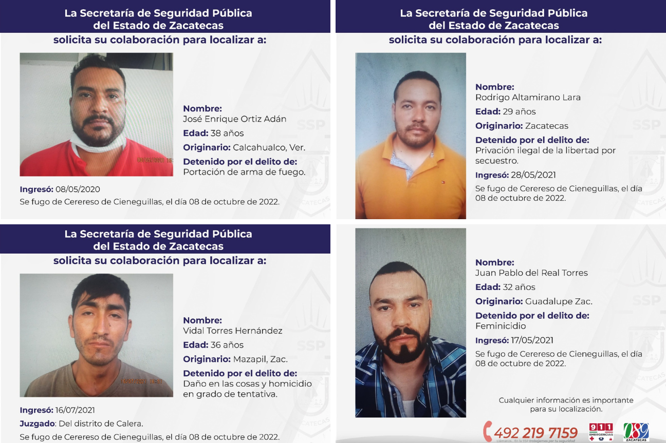 Emite SSP de Zacatecas fichas de búsqueda de prisioneros fugados