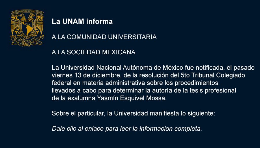 Reconoce UNAM la autoría de tesis de Yasmín Esquivel