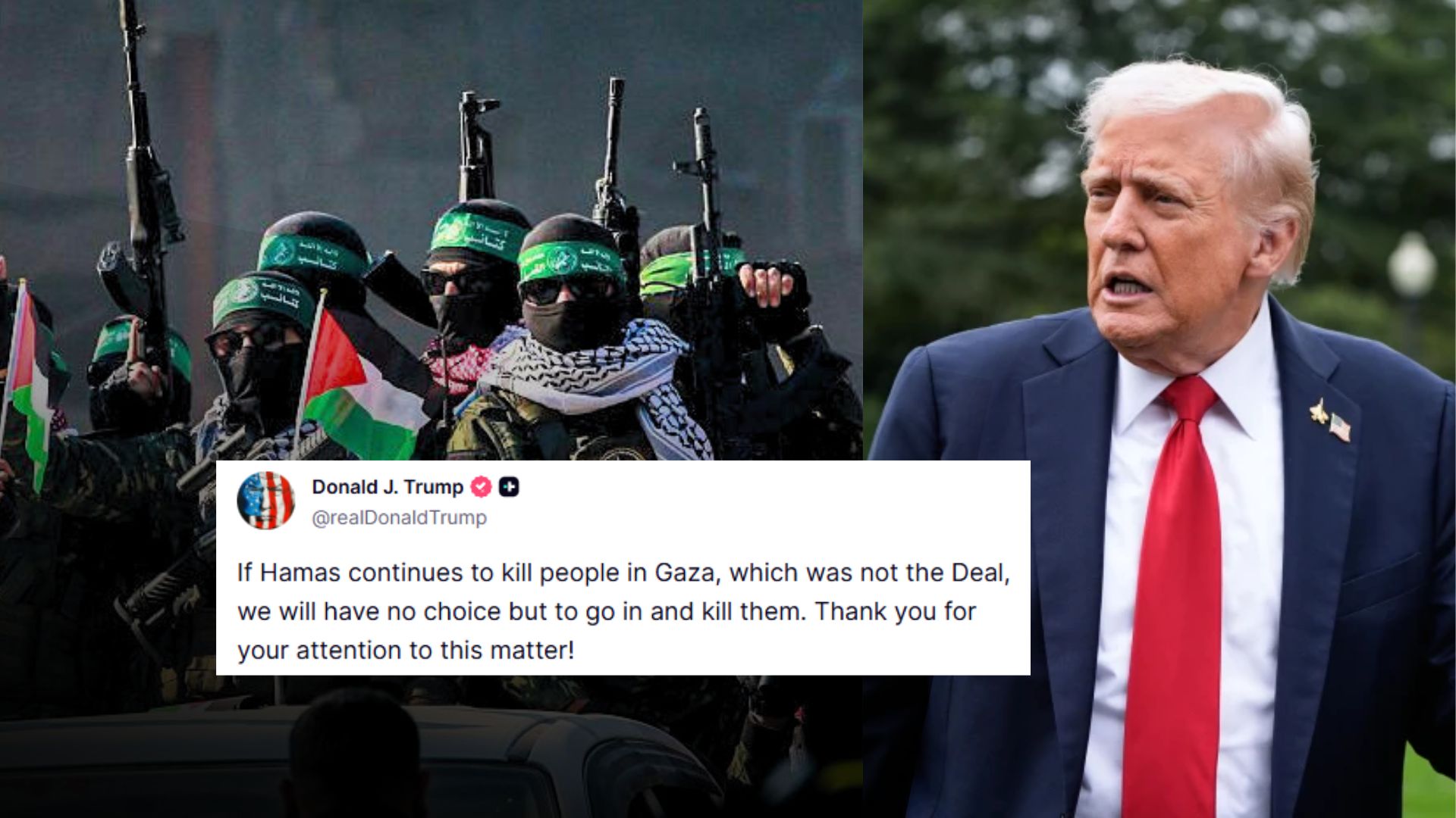 Amenaza Trump con “entrar y matar” a Hamás si continúa violencia en Gaza