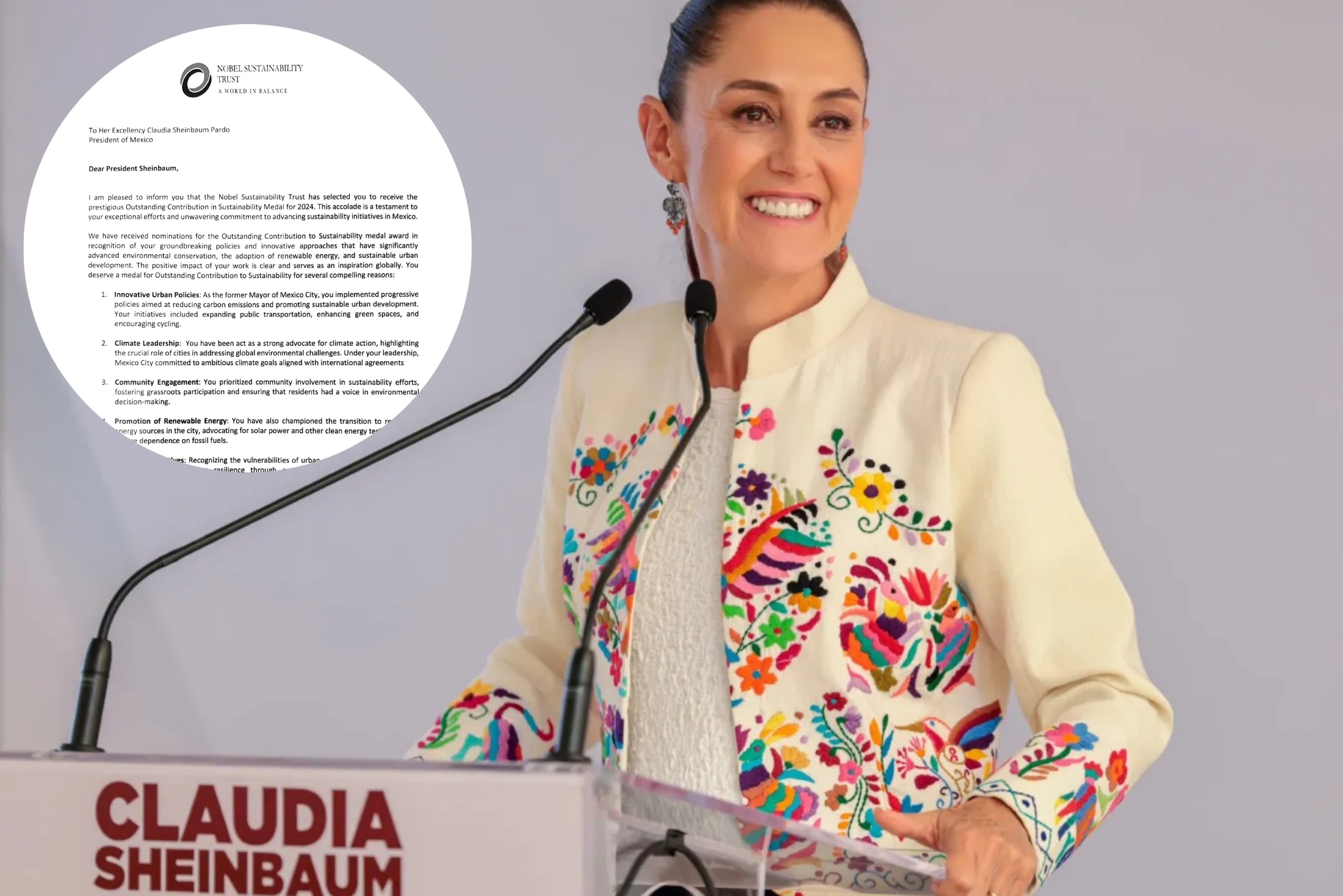 El “Nobel Sustainability Trust” otorga a la presidenta Claudia Sheinbaum, la Medalla 2024 por su contribución en Sustentabilidad