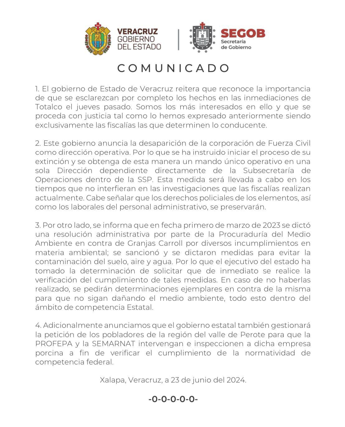 Extinguen Fuerza Civil de Veracruz tras los hechos ocurridos en el municipio de Perote