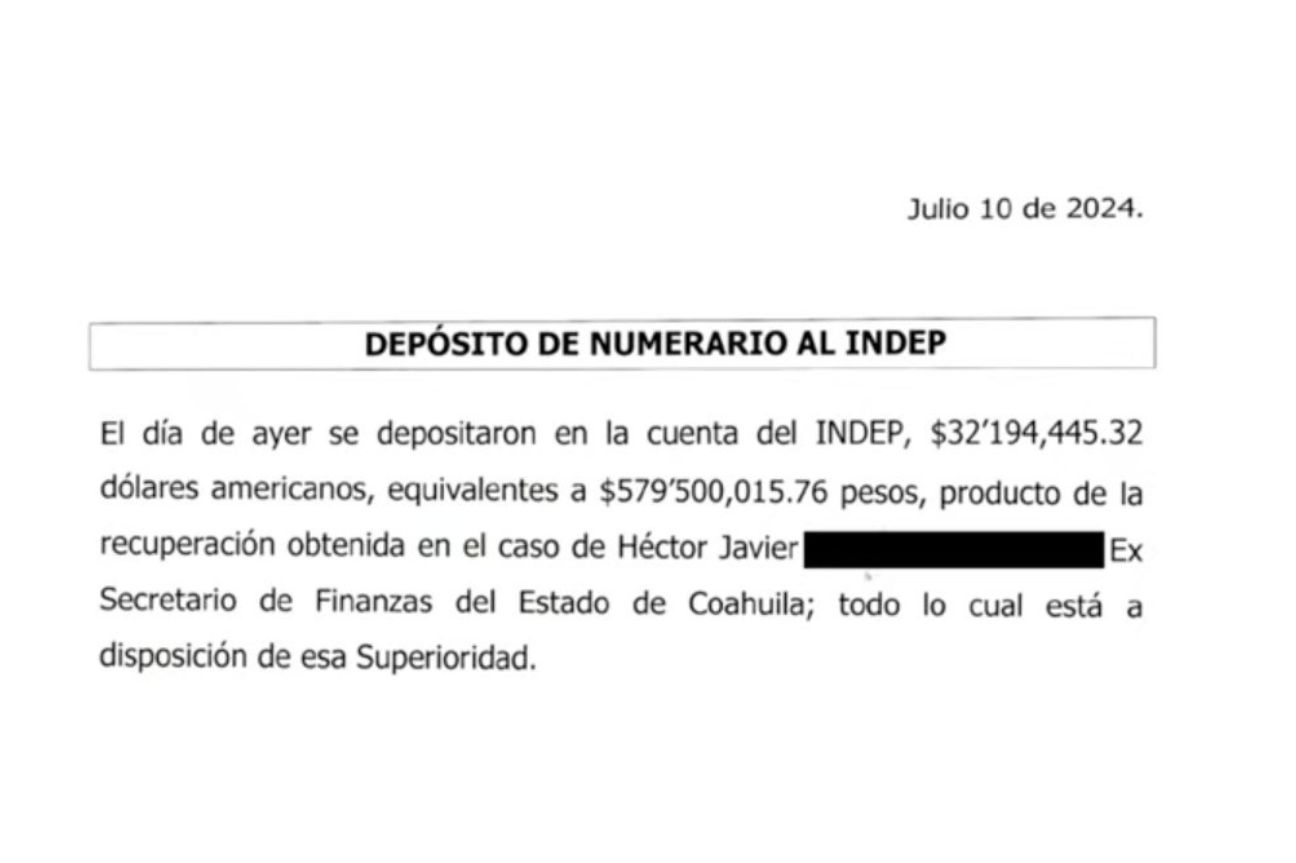 Depositan al INDEP más de 579 mdp recuperados por EUA en el caso del exsecretario de Coahuila