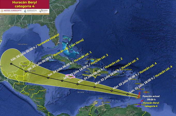 Impactará huracán Beryl la península de Yucatán entre el 4 y 5 de julio