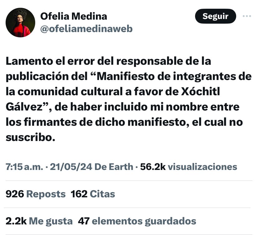 Ofelia Medina se deslinda de Comunicado a favor de Xóchitl Gálvez